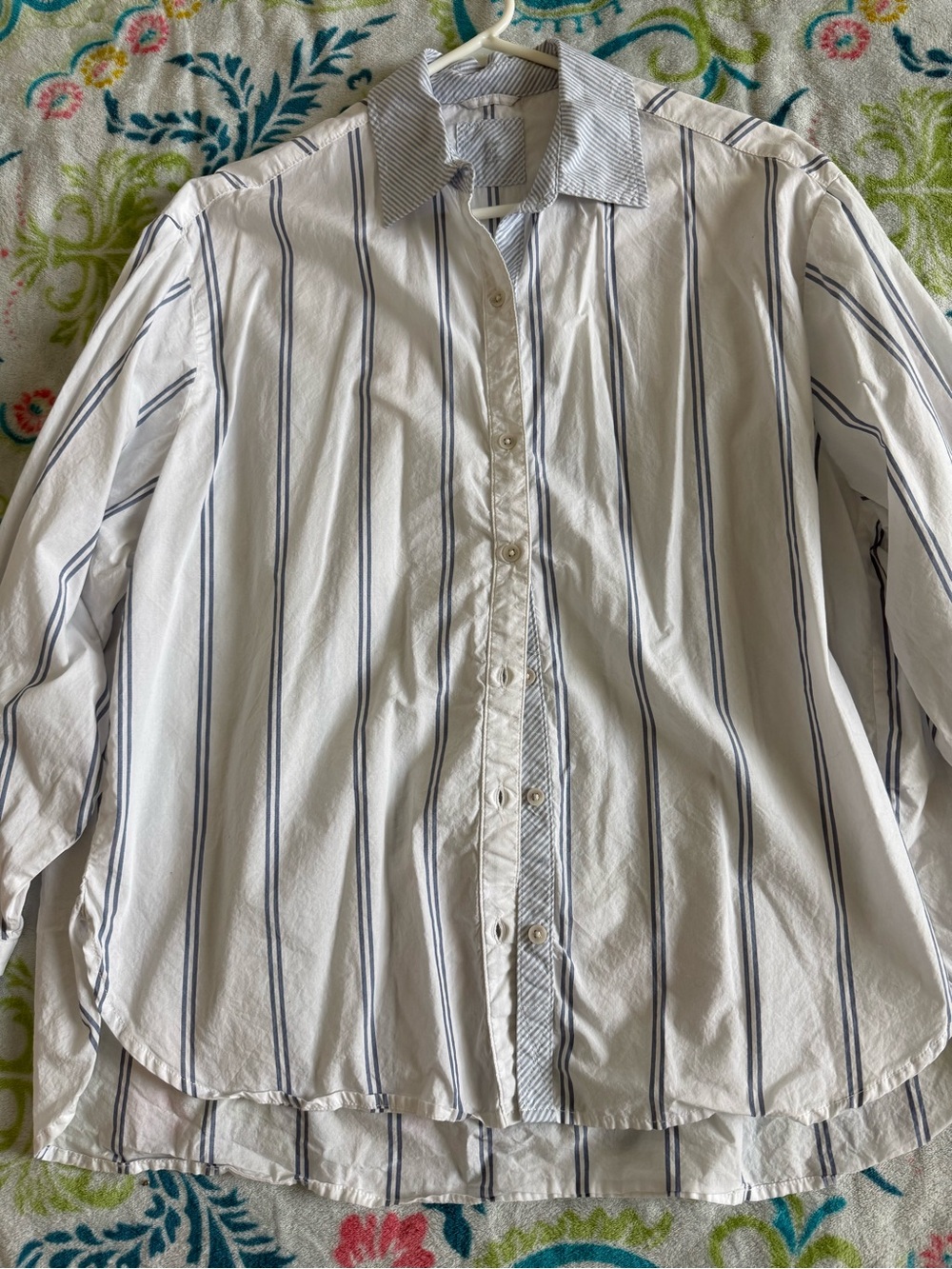 aerie White Button-Down Shirt with Navy Vertical Stripes